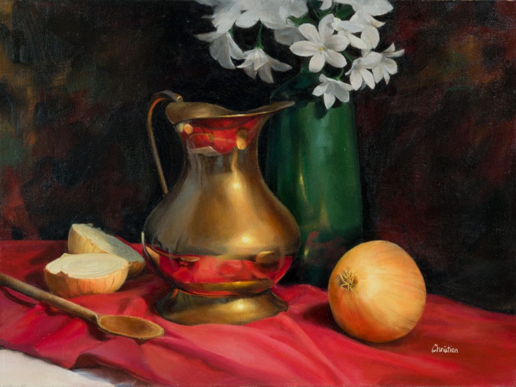Oil painting entitled Still Life with Brass and Onions, by artist Christian Hemme.