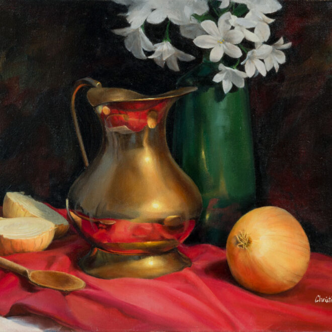 Oil painting entitled Still Life with Brass and Onions, by artist Christian Hemme.