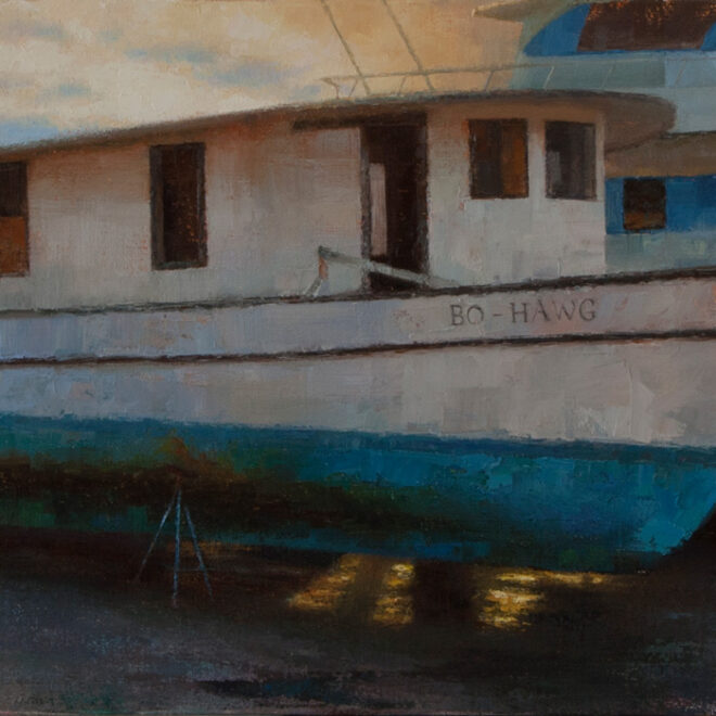 Oil painting entitled Dockyard Sunset, by artist Christian Hemme.