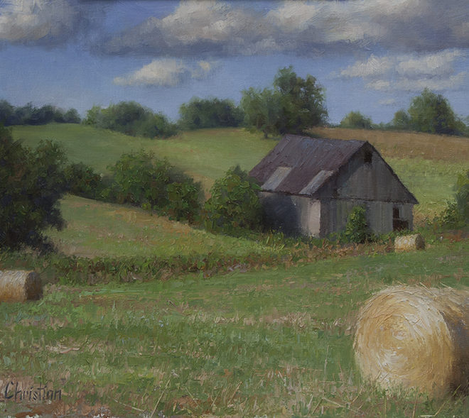 Oil painting entitled Kentucky Haybales, by artist Christian Hemme.