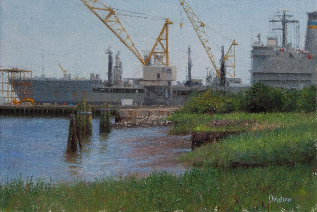 Oil painting entitled Charleston Shipyards, by artist Christian Hemme.