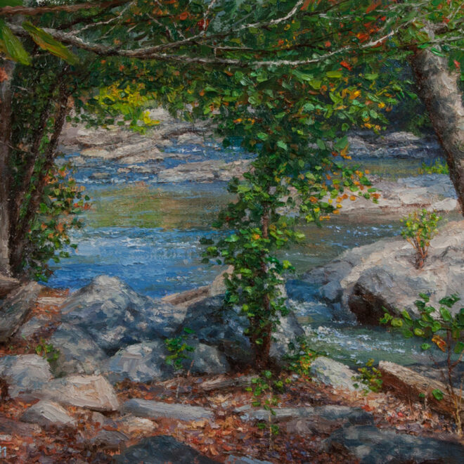 Oil painting entitled Early Autumn on Sweetwater Creek, by artist Christian Hemme.