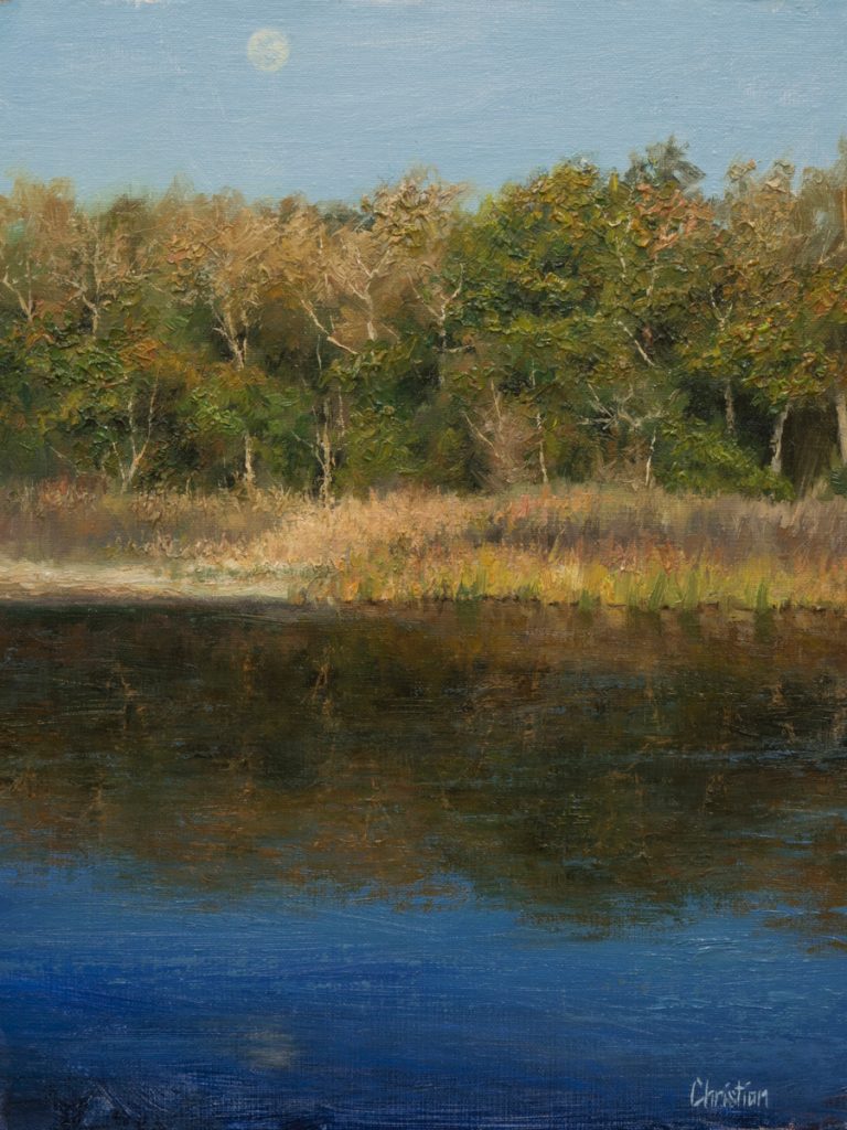Oil painting entitled Moonrise Over the Inlet, by artist Christian Hemme.