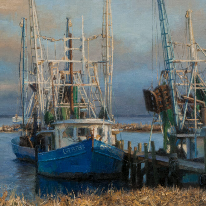 Oil painting entitled Lauren's Shrimp Boat, by artist Christian Hemme.