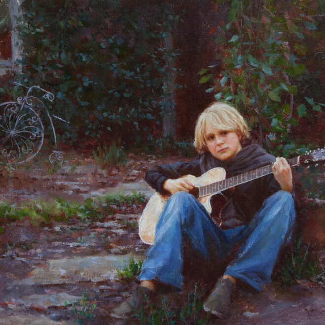 Oil painting entitled Gloaming Guitarist, by artist Christian Hemme.