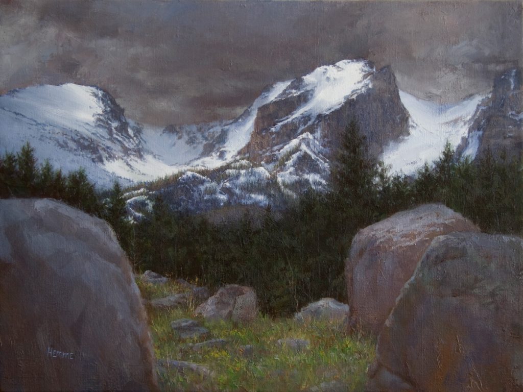 Oil painting entitled Storm Rising Over Hallett Peak, by artist Christian Hemme.