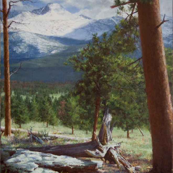 Oil painting entitled Longs Peak in May, by artist Christian Hemme.