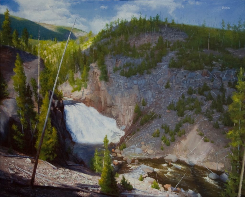 Oil painting entitled Cascaded Fragmentation at the Yellowstone, by artist Christian Hemme.