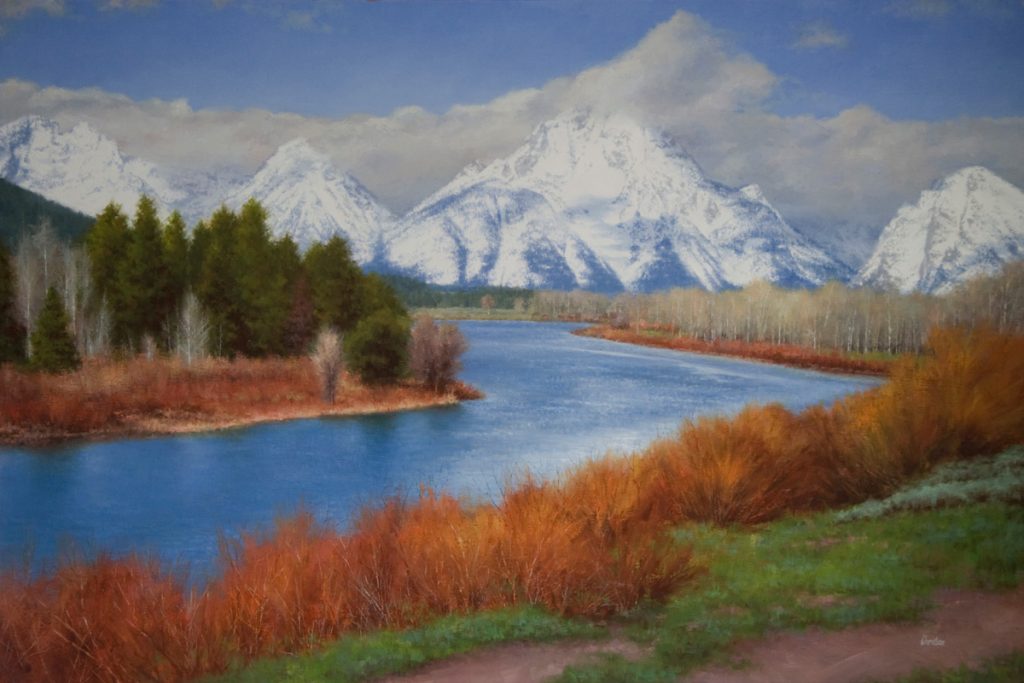 Oil painting entitled Waterway from Grand Teton, by artist Christian Hemme.