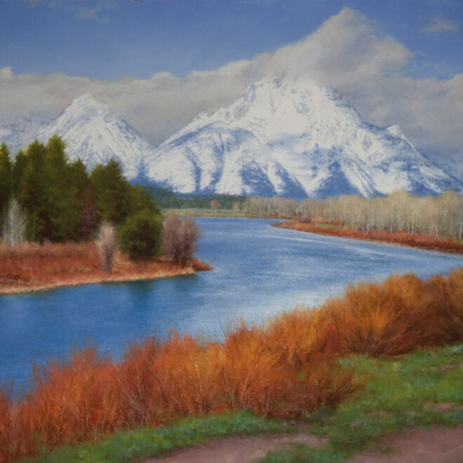 Oil painting entitled Waterway from Grand Teton, by artist Christian Hemme.