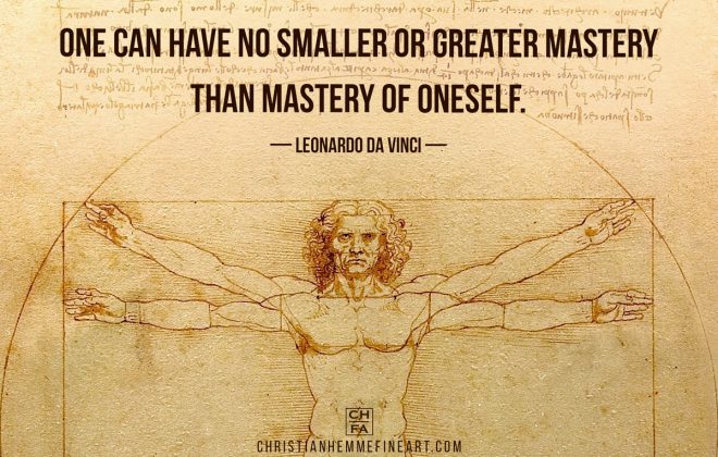 Painting by Leonardo da Vinci with a quote by the artist.