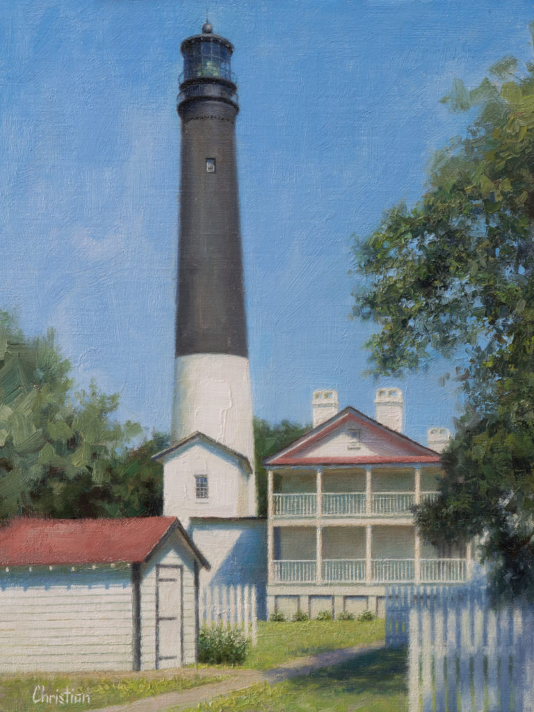 Oil painting entitled Lighthouse Winter Sun, by artist Christian Hemme.