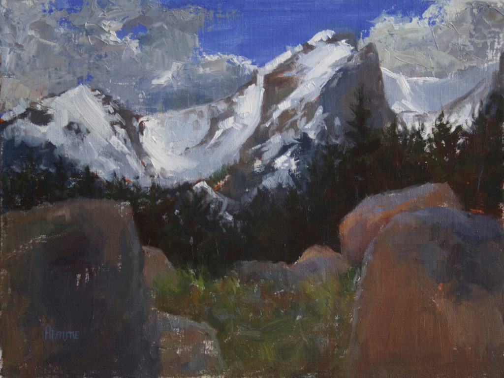 Oil painting entitled Storm Rising Over Hallett Peak Study, by artist Christian Hemme.