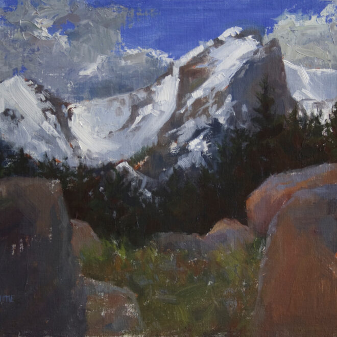 Oil painting entitled Storm Rising Over Hallett Peak Study, by artist Christian Hemme.